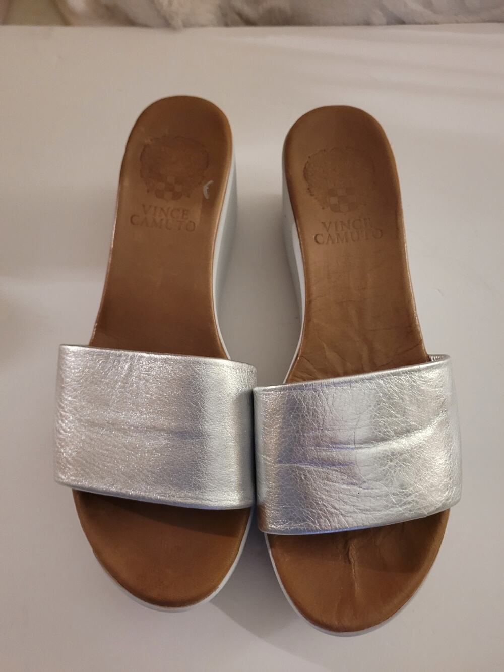 Vince Camuto Women’s Silver Metallic Slide Wedge Sandals Slip-On Rubber Sole